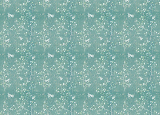 Turquoise Color Chinoiserie Magnolia Tree Birds Wallpaper