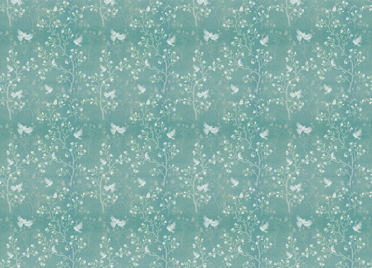 Turquoise Color Chinoiserie Magnolia Tree Birds Wallpaper in your room — zoomed