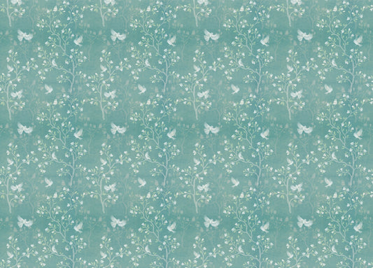 Turquoise Color Chinoiserie Magnolia Tree Birds Wallpaper
