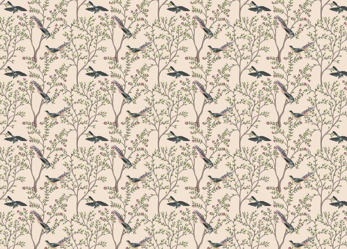 Exotica Chinoiserie Birds and Leaves Light Pink Color Wallpaper in your room — zoomed