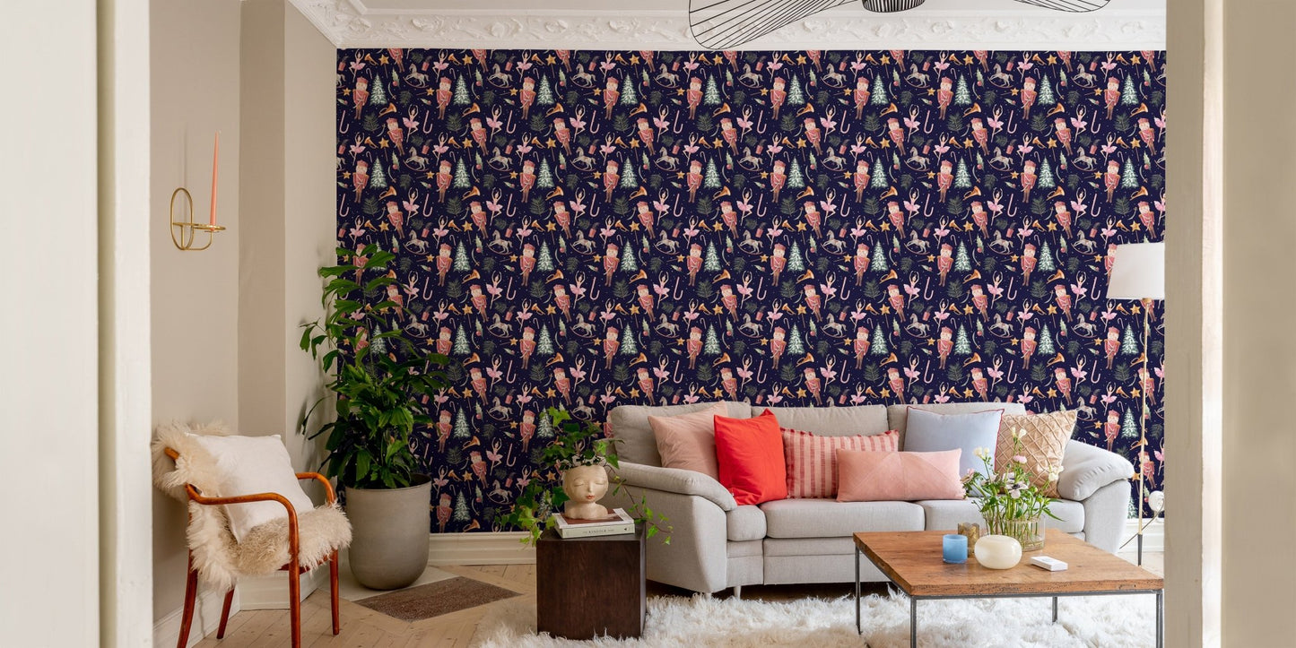 Contemporary living space with festive Christmas Dance Parade wallpaper.