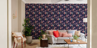 Contemporary living space with festive Christmas Dance Parade wallpaper.