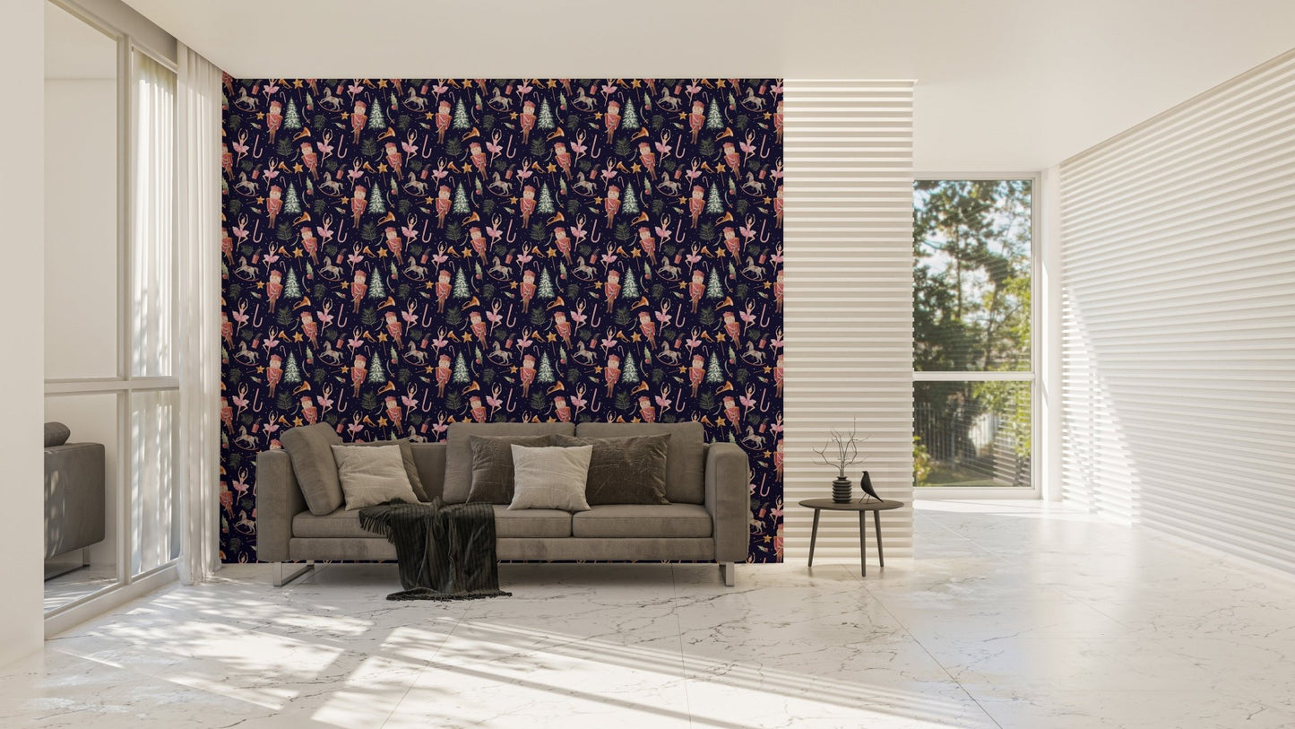 Living room wallpaper mural featuring a navy blue patterned holiday design.