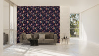 Living room wallpaper mural featuring a navy blue patterned holiday design.