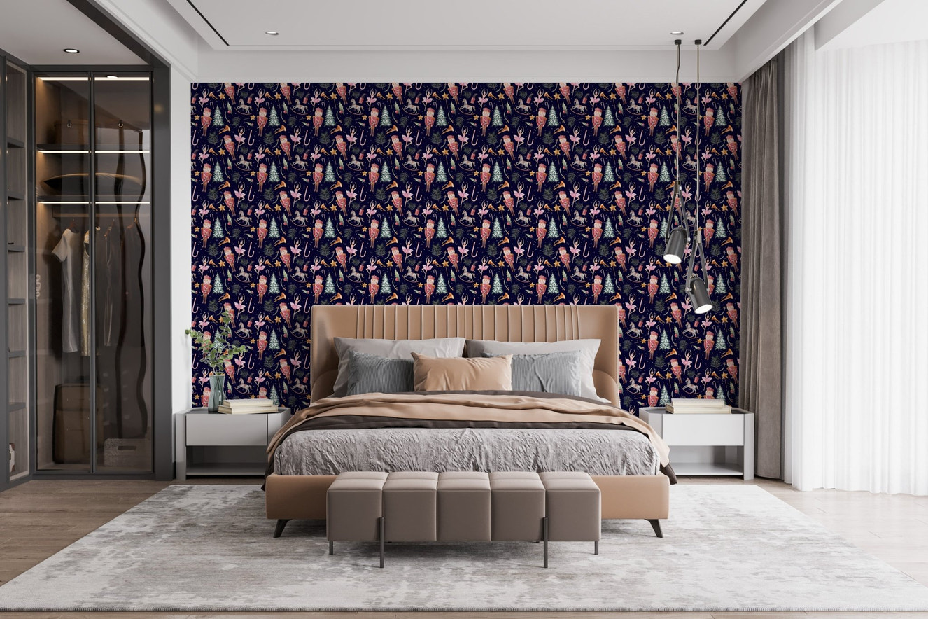 Dark blue wallpaper with festive figures in a modern bedroom setting.