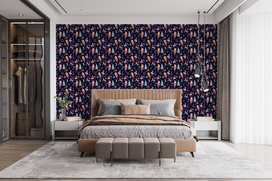 Dark blue wallpaper with festive figures in a modern bedroom setting.