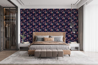 Dark blue wallpaper with festive figures in a modern bedroom setting.