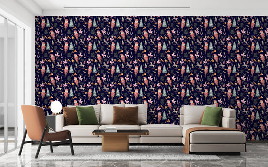 Living room sofa placed against a patterned navy blue wall mural.