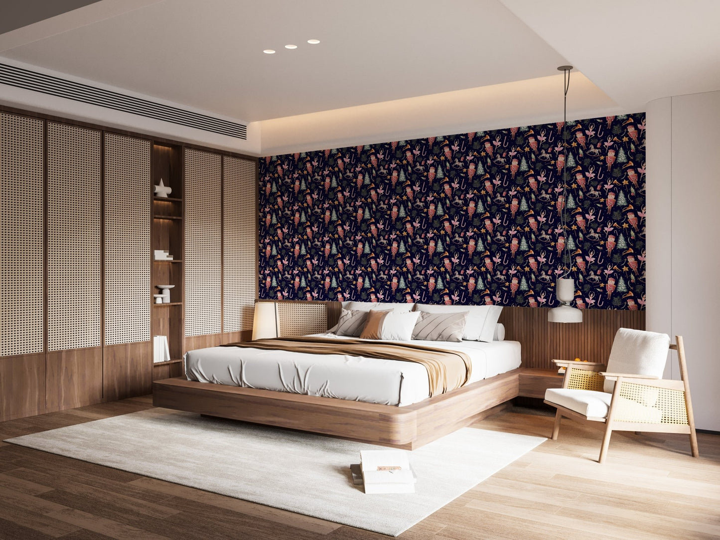 Dark navy wallpaper showing a festive parade pattern for a bedroom wall.