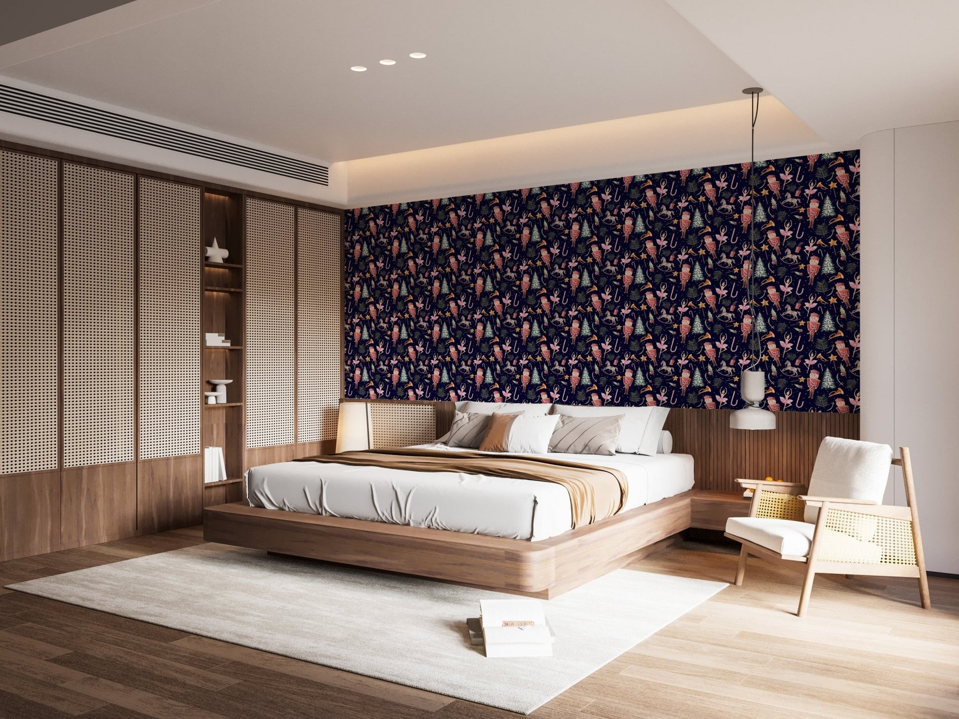 Dark navy wallpaper showing a festive parade pattern for a bedroom wall.