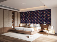 Dark navy wallpaper showing a festive parade pattern for a bedroom wall.