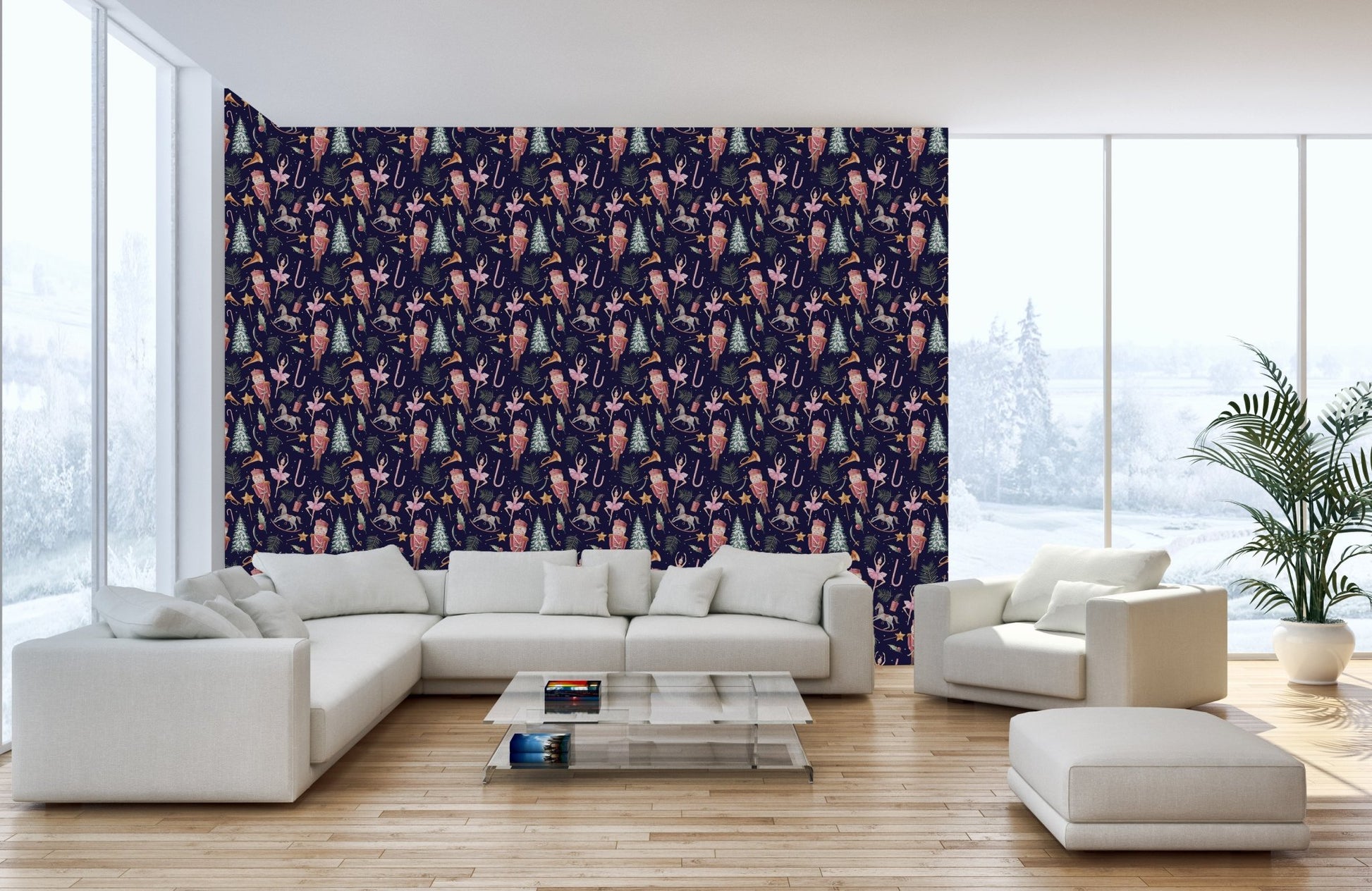Feature wall with Christmas Dance Parade wallpaper in a bright living area.