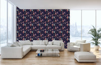 Feature wall with Christmas Dance Parade wallpaper in a bright living area.