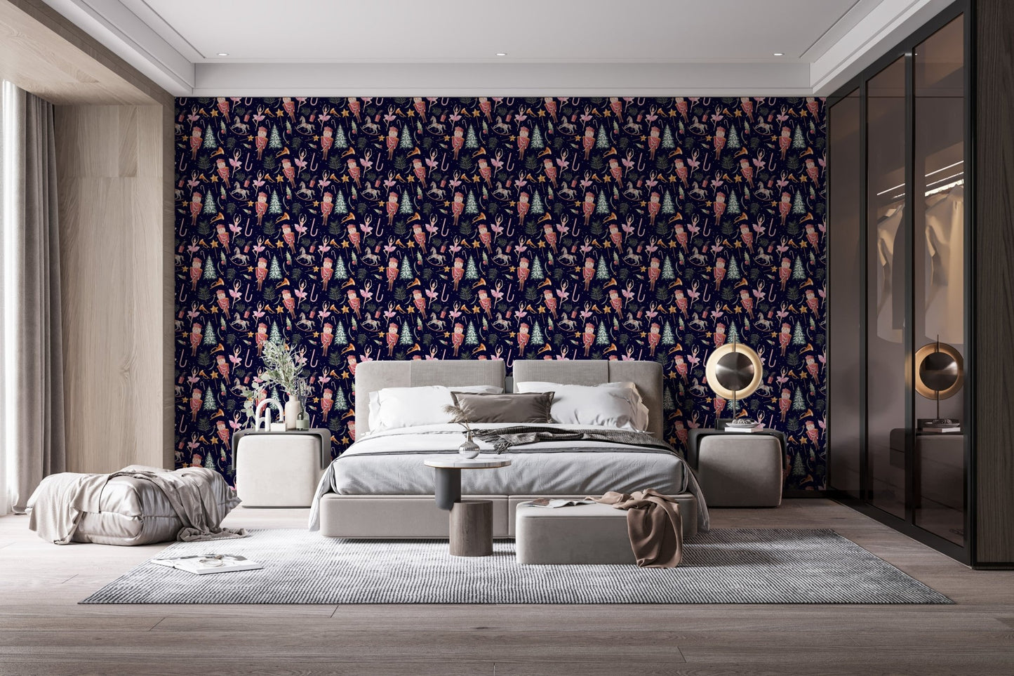 Stylish bedroom wallpaper with colorful dancers on a dark background.