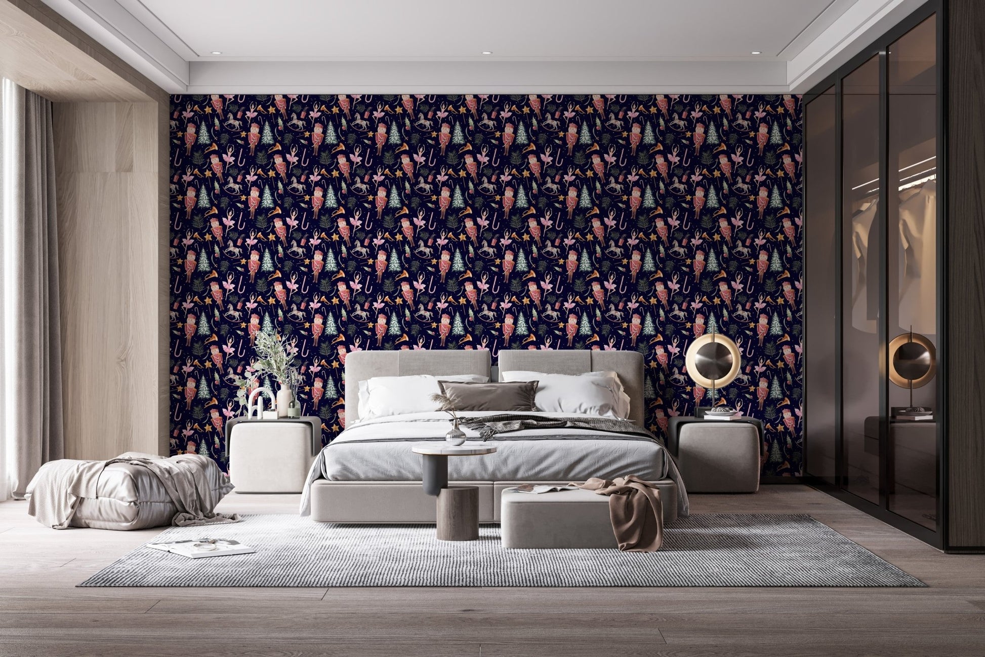 Stylish bedroom wallpaper with colorful dancers on a dark background.