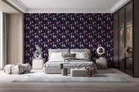 Stylish bedroom wallpaper with colorful dancers on a dark background.