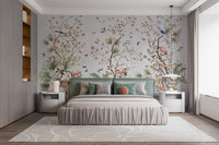 Modern bedroom wall mural with green headboard and flower pattern.