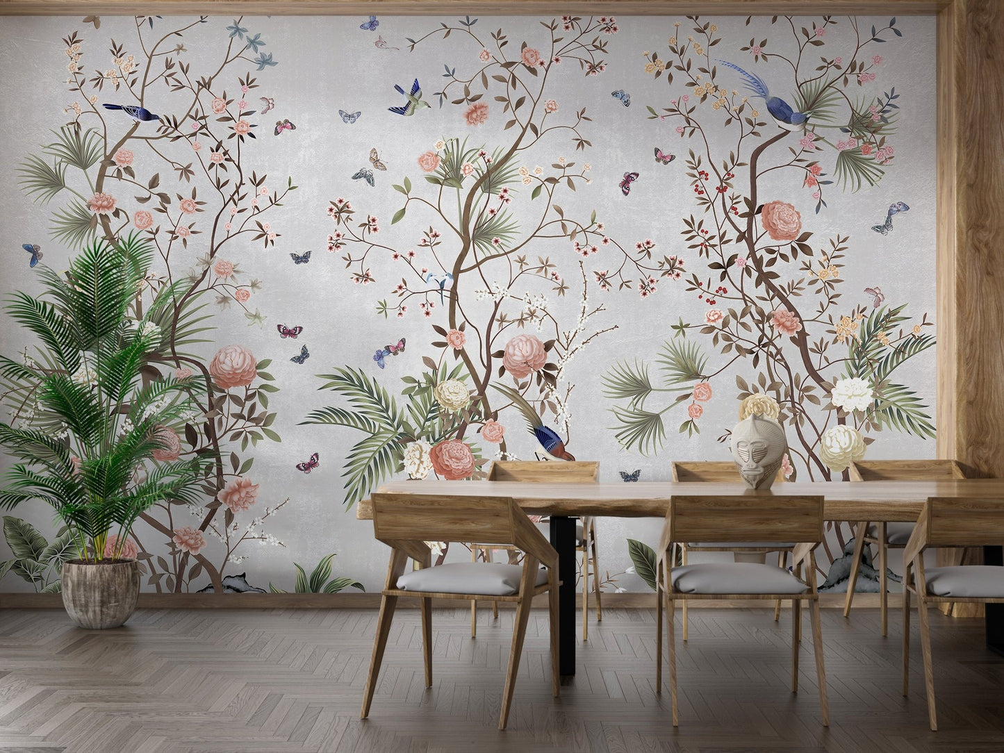 Chromatic Flower Fields Wall Mural in a dining area with wooden table.