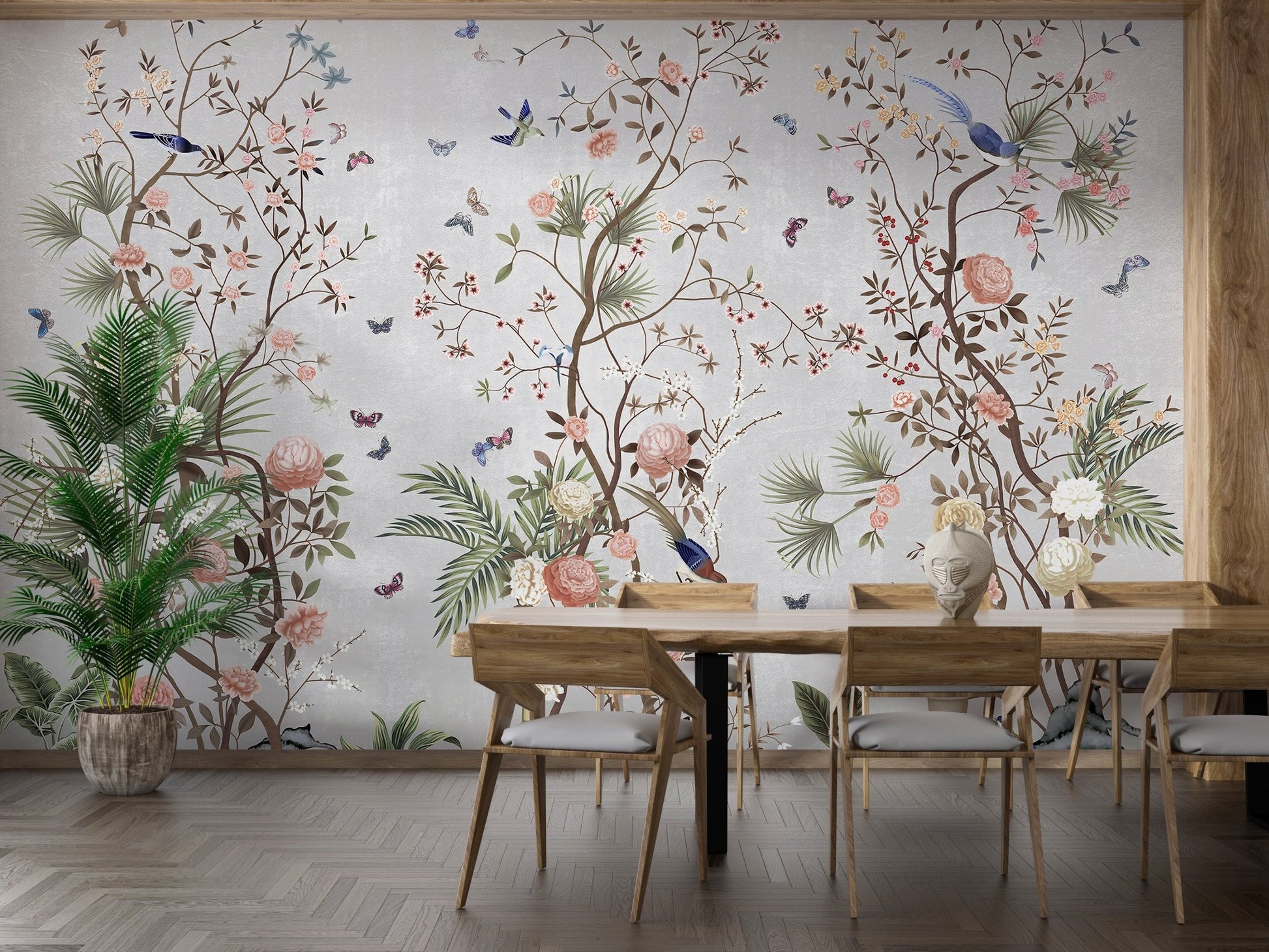 Chromatic Flower Fields Wall Mural in a dining area with wooden table.