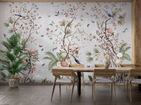 Chromatic Flower Fields Wall Mural in a dining area with wooden table.