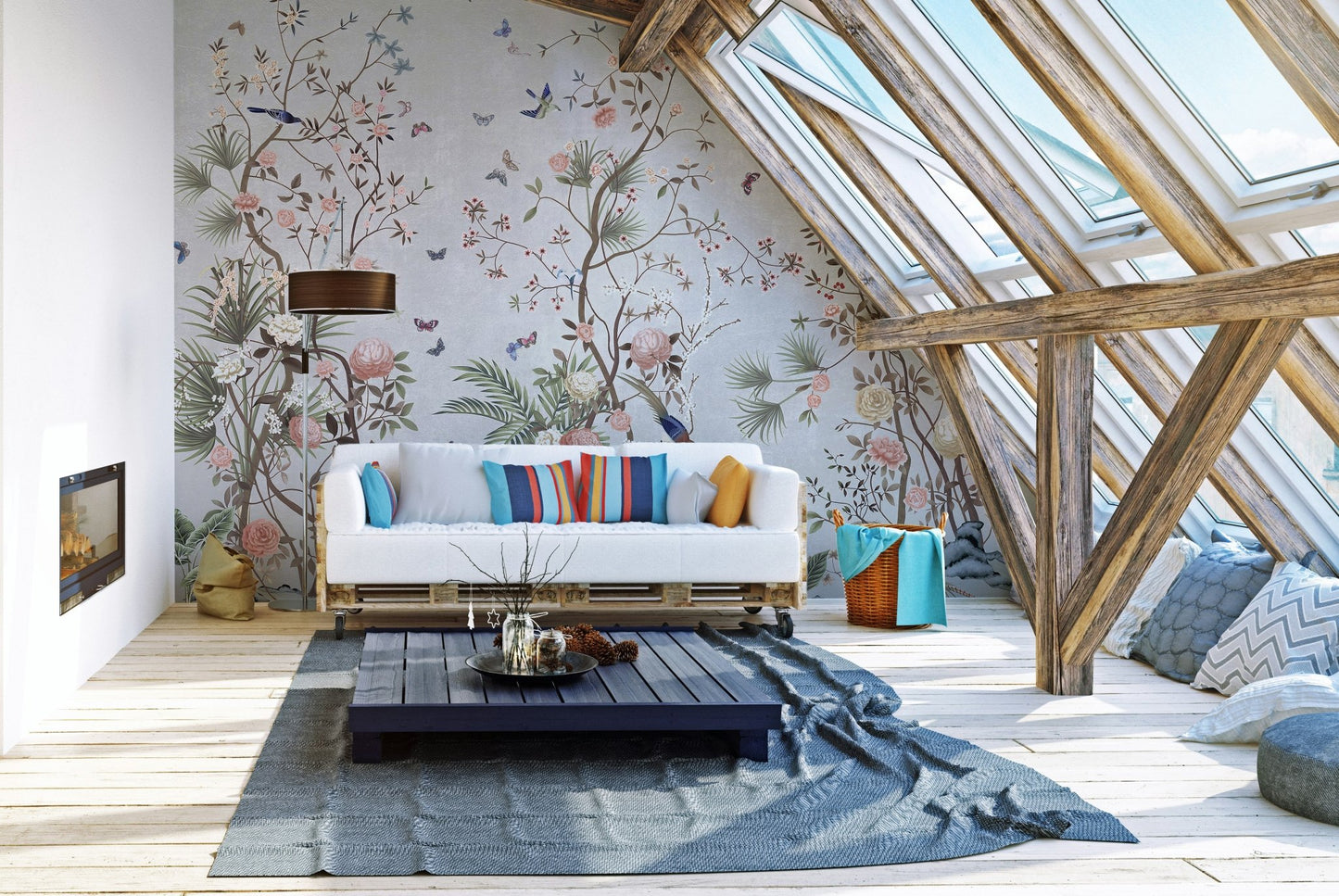 Attic living space with slanted windows and floral fields wall mural.