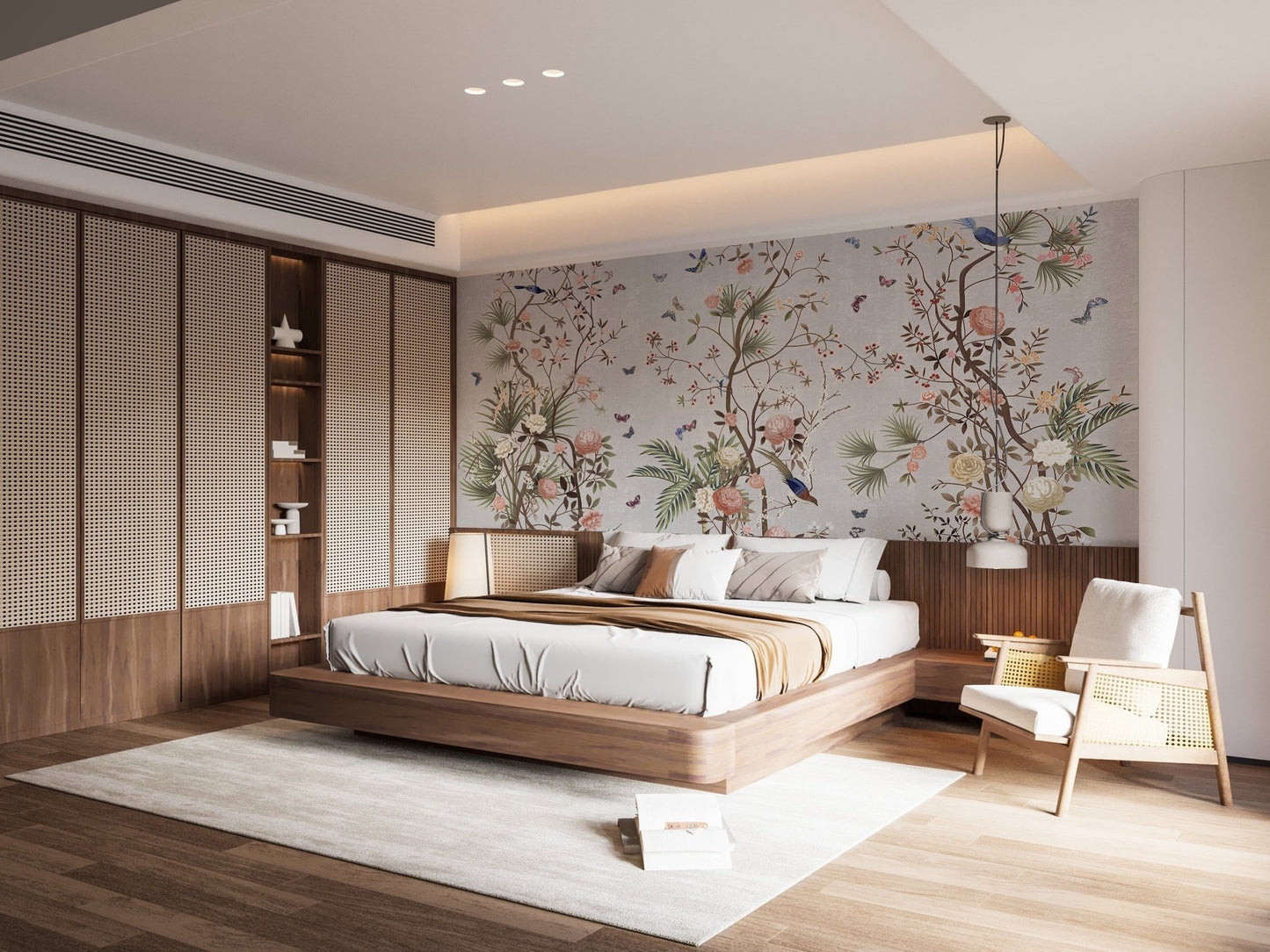 Large scale flower wall mural in a luxury bedroom with wooden accents.