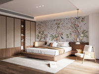 Large scale flower wall mural in a luxury bedroom with wooden accents.