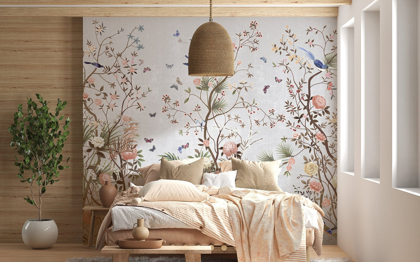 Flower fields wall mural behind a bed with beige linens and wicker lamp.