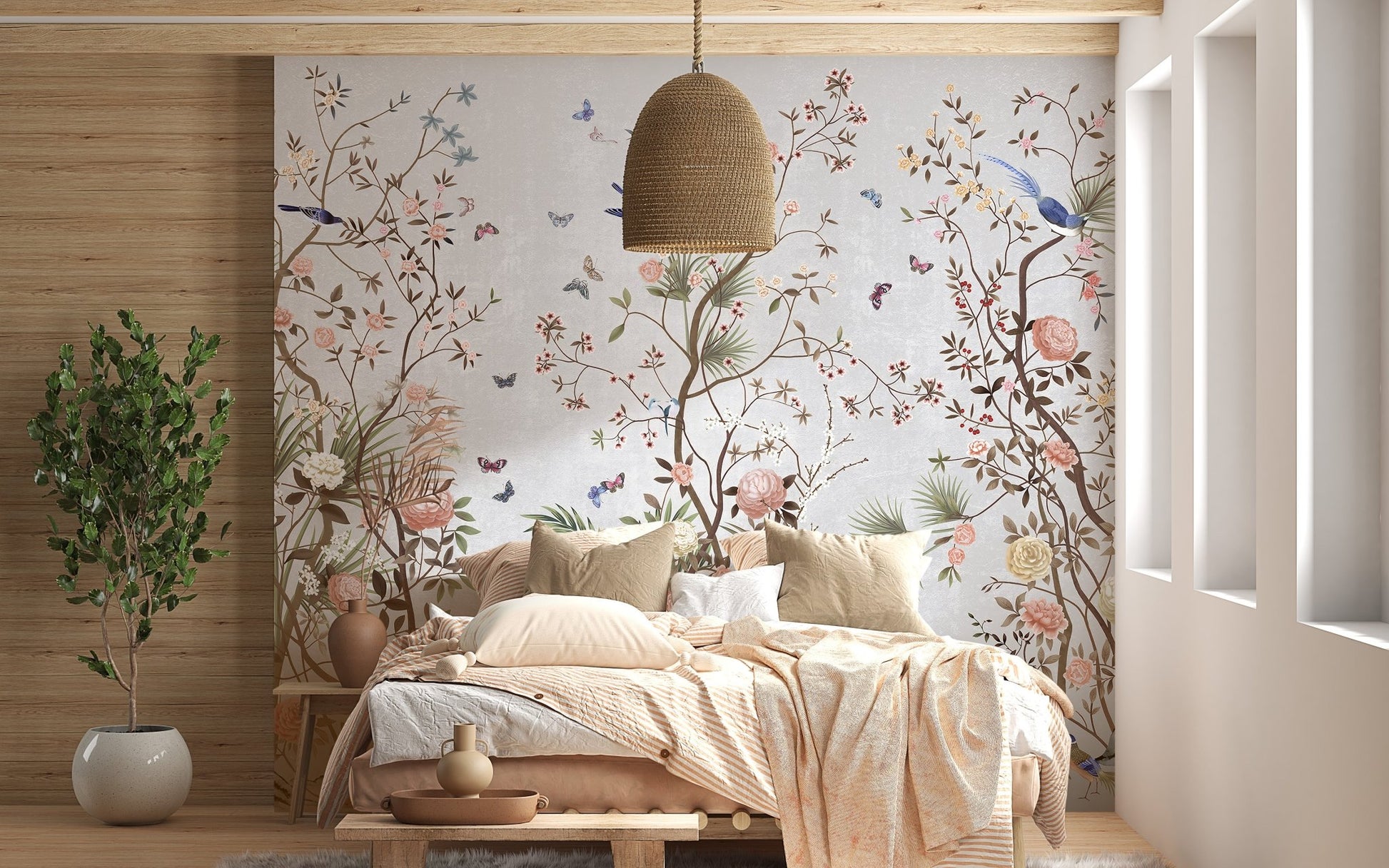Flower fields wall mural behind a bed with beige linens and wicker lamp.