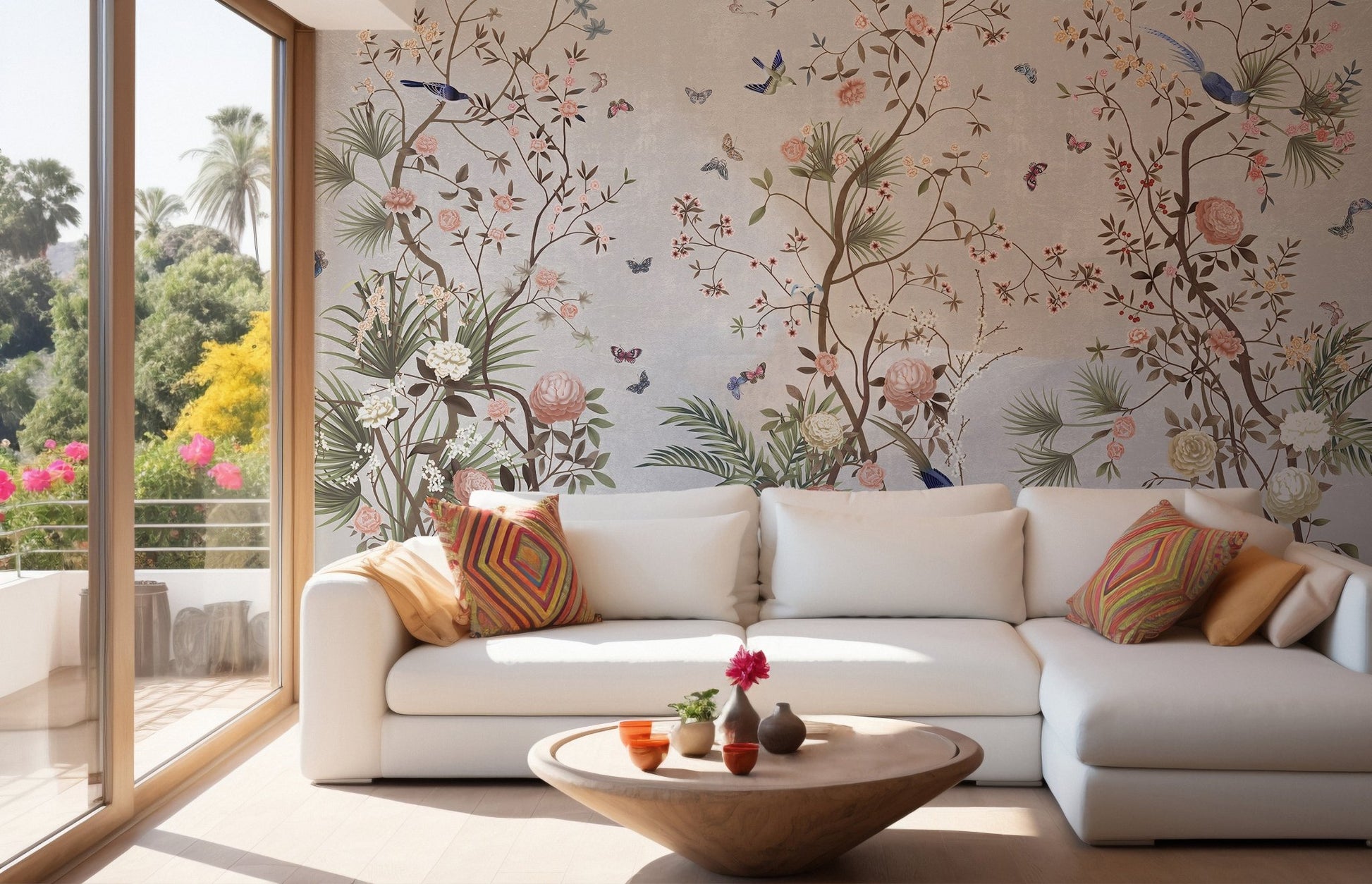 Chromatic Flower Fields Wall Murals in a bright living room with white sofa.