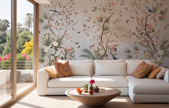 Chromatic Flower Fields Wall Murals in a bright living room with white sofa.