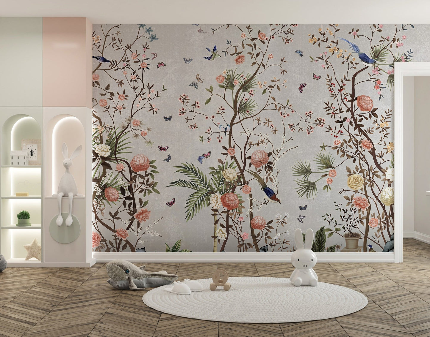 Floral fields wall mural featuring birds in a minimalist playroom with white rug.