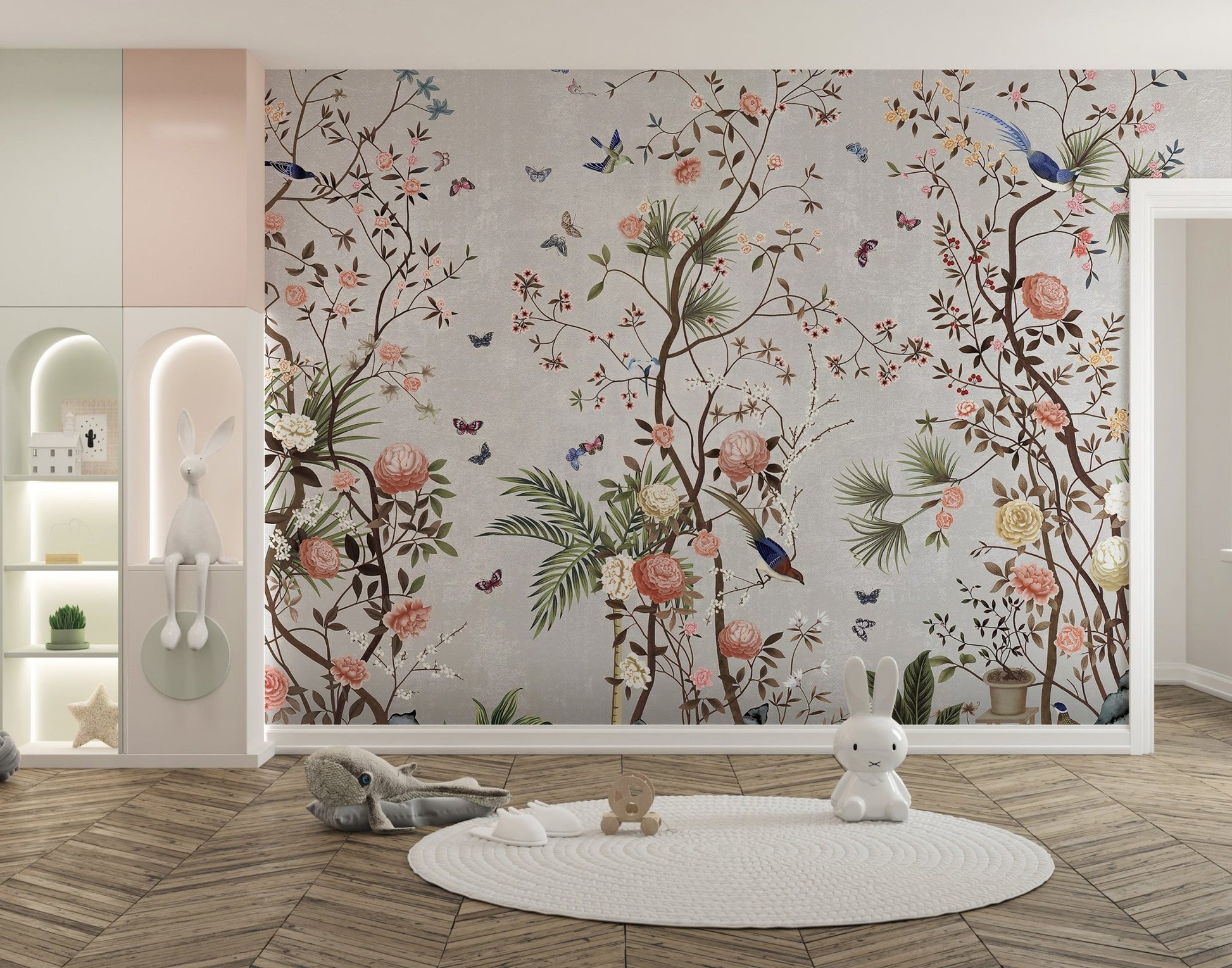 Floral fields wall mural featuring birds in a minimalist playroom with white rug.