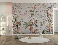Floral fields wall mural featuring birds in a minimalist playroom with white rug.