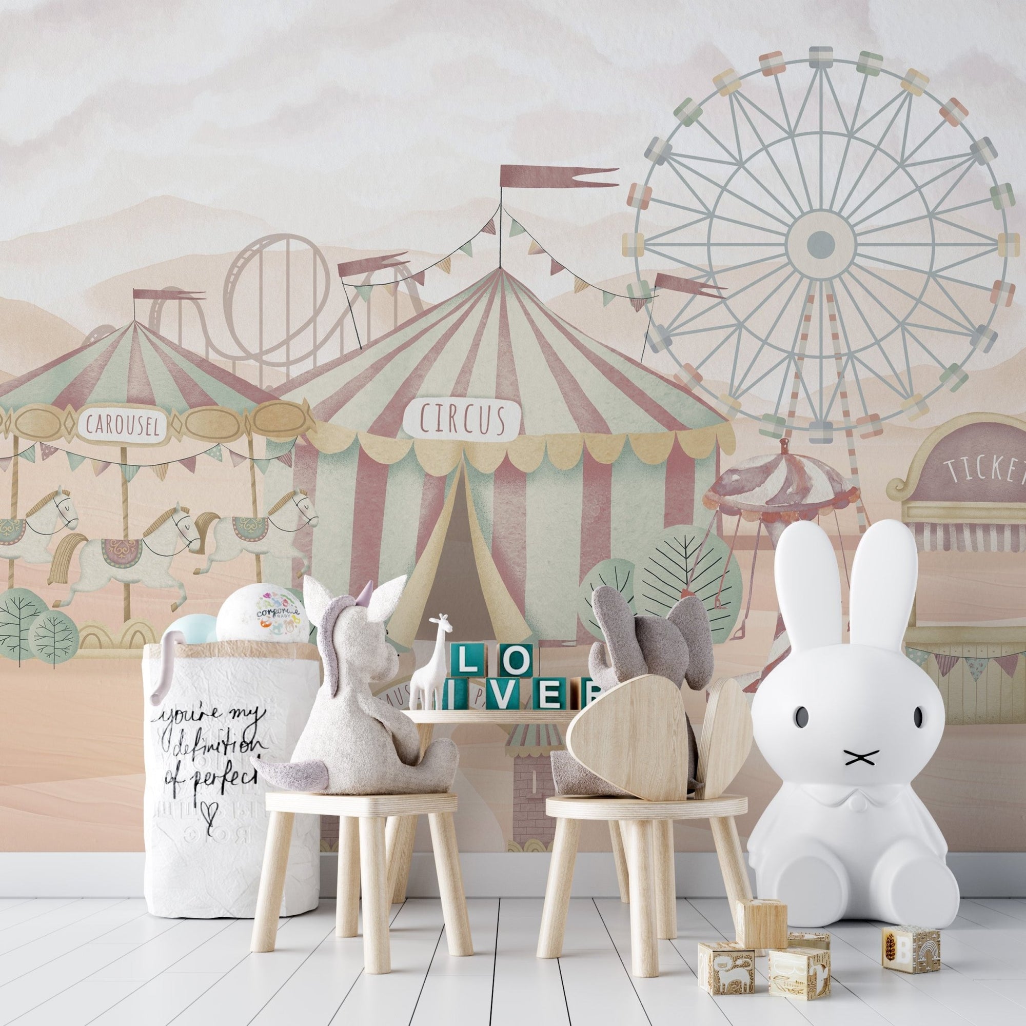 Vintage circus theme wall mural wallpaper with ferris wheel design.