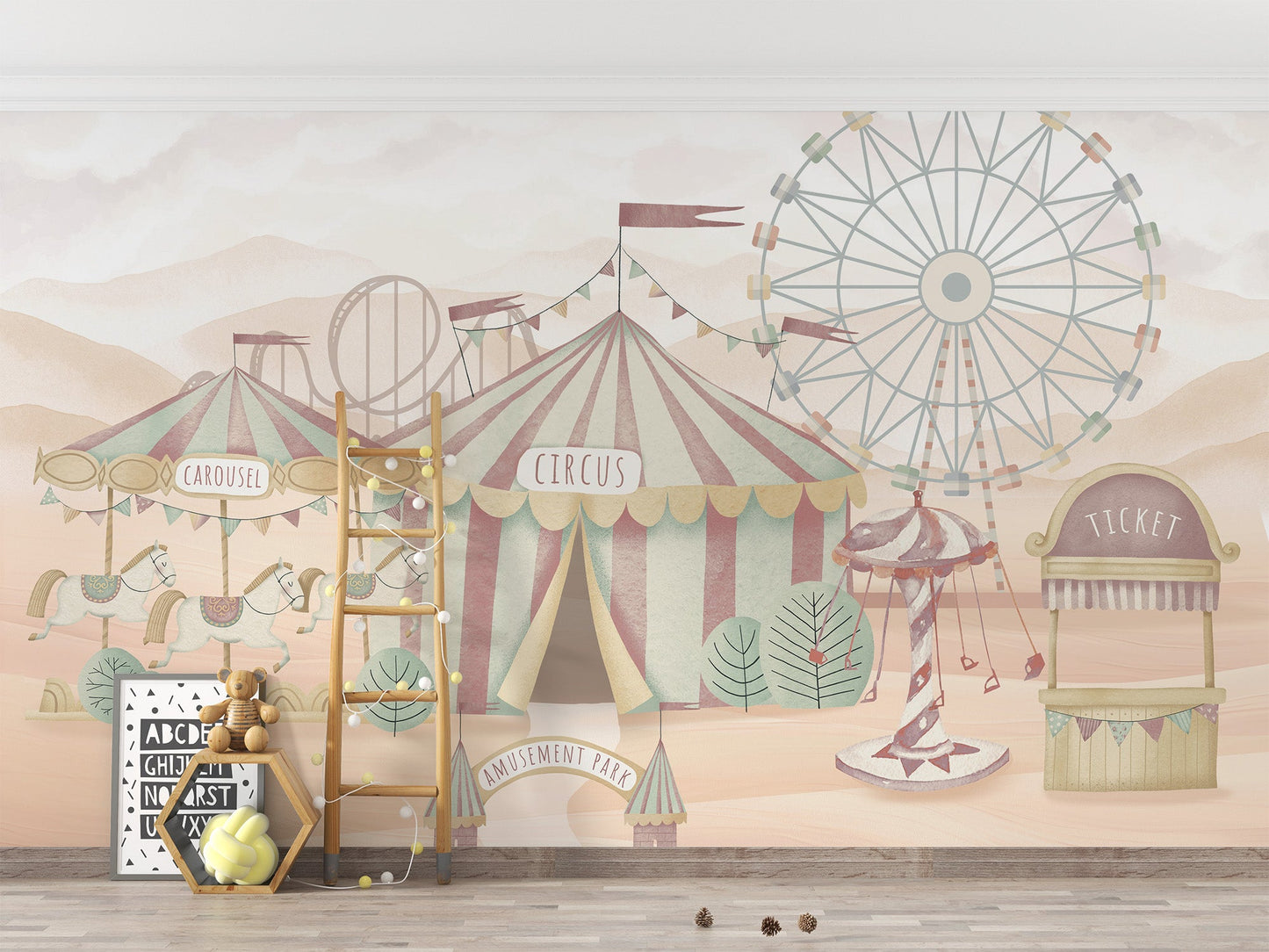 Retro circus landscape wallpaper wall mural with ferris wheel.