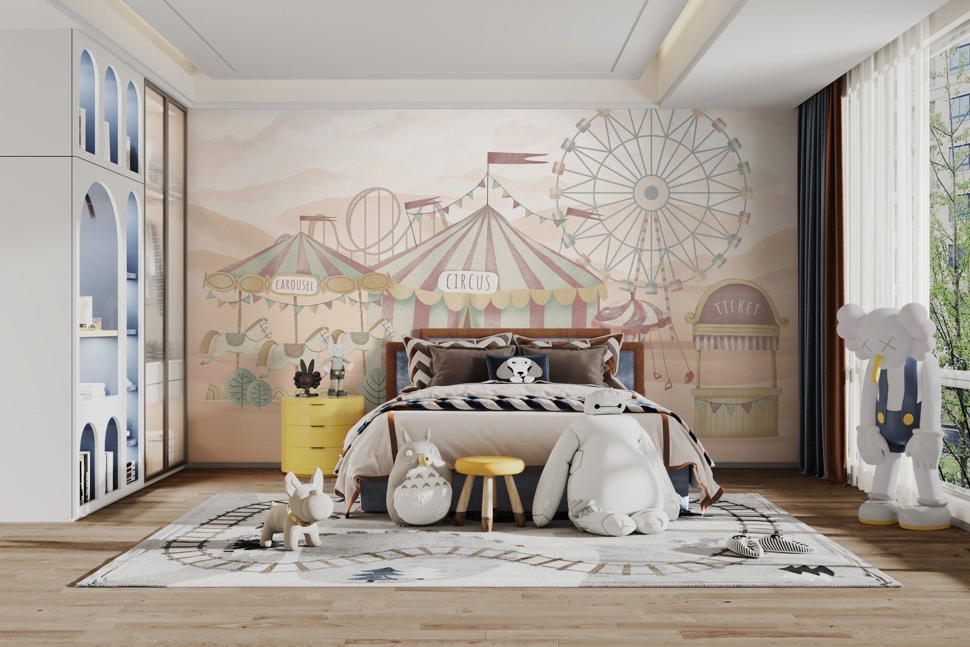 Pastel circus theme wallpaper wall mural with amusement rides.