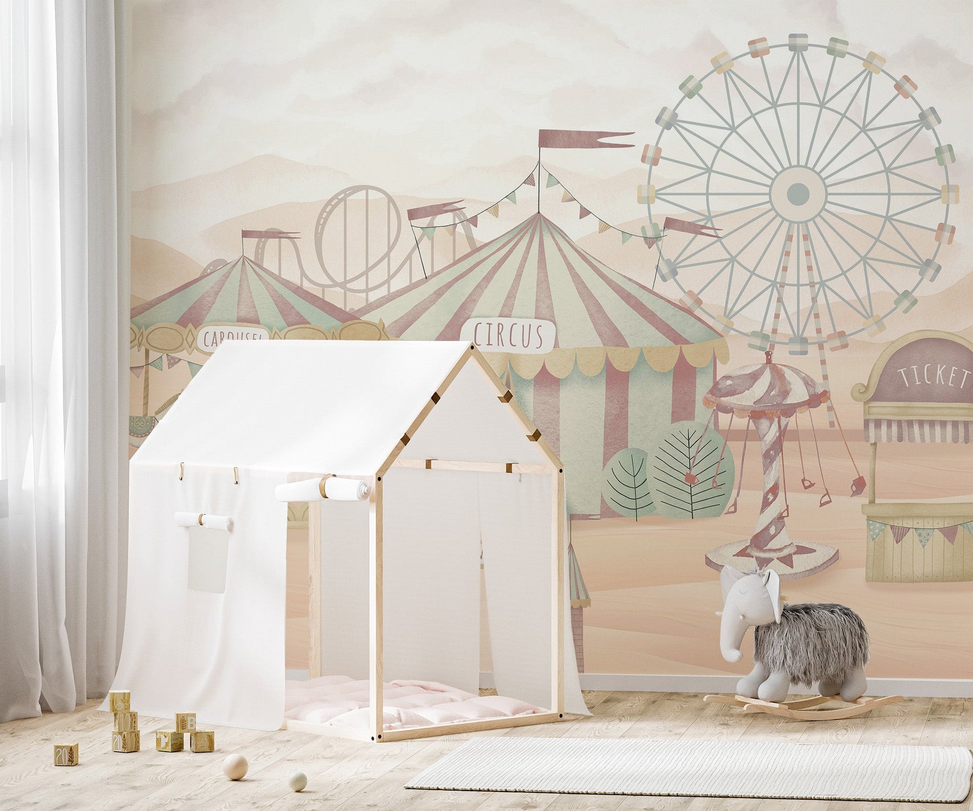Carnival carousel horses wallpaper wall mural in muted color palette.