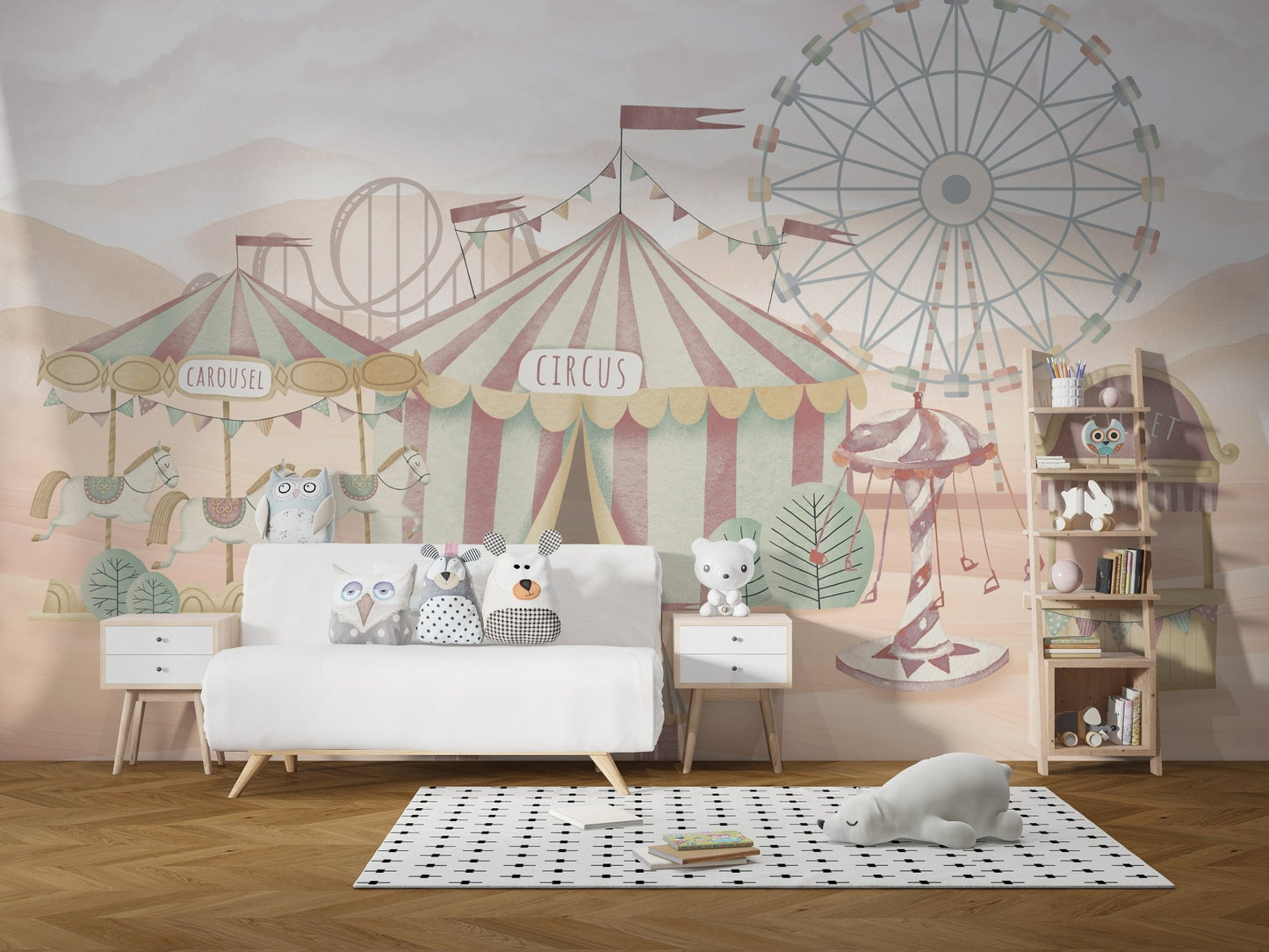Soft pink and beige circus wallpaper wall mural illustration.