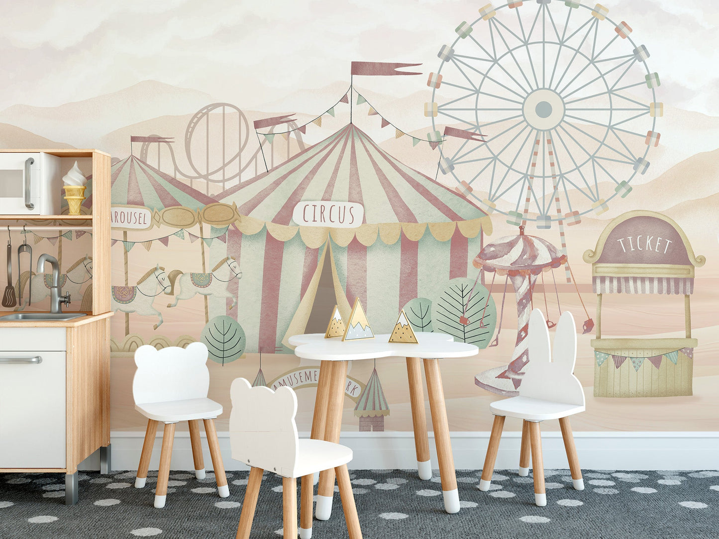 Storybook circus scene wallpaper wall mural in warm sand colors.
