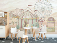 Storybook circus scene wallpaper wall mural in warm sand colors.