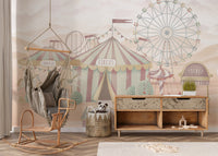 Circus tent artwork wallpaper wall mural in soft neutral tones.