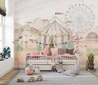Amusement park scene wallpaper wall mural with striped circus tent.