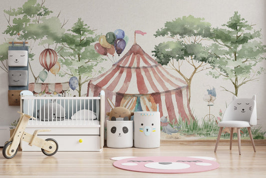 Watercolor circus tent wall mural with red stripes and soft green trees.