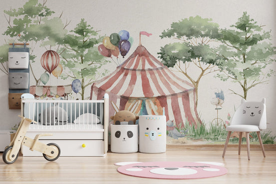 Watercolor circus tent wall mural with red stripes and soft green trees.