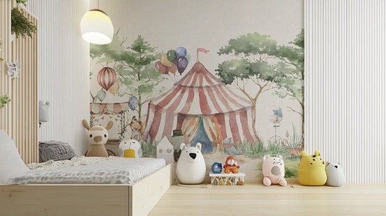 Friendly cat on a unicycle within a watercolor circus wallpaper.