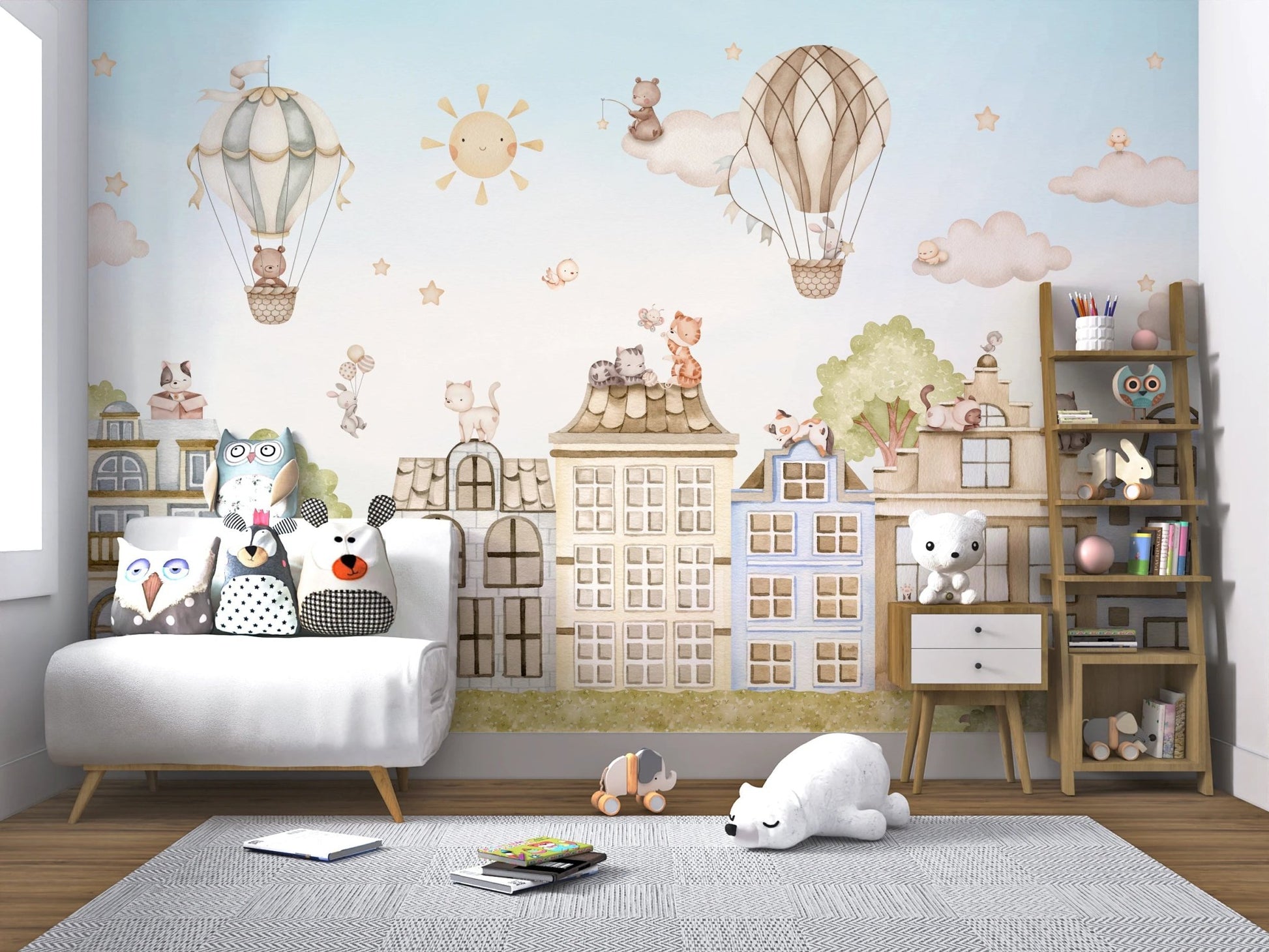 Playroom wall mural featuring a city landscape and cats in a bright space.