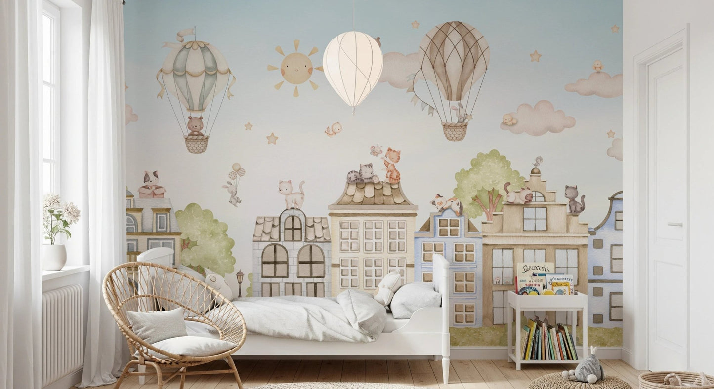 Minimalist bedroom featuring a wall mural with blue sky and cat illustration.