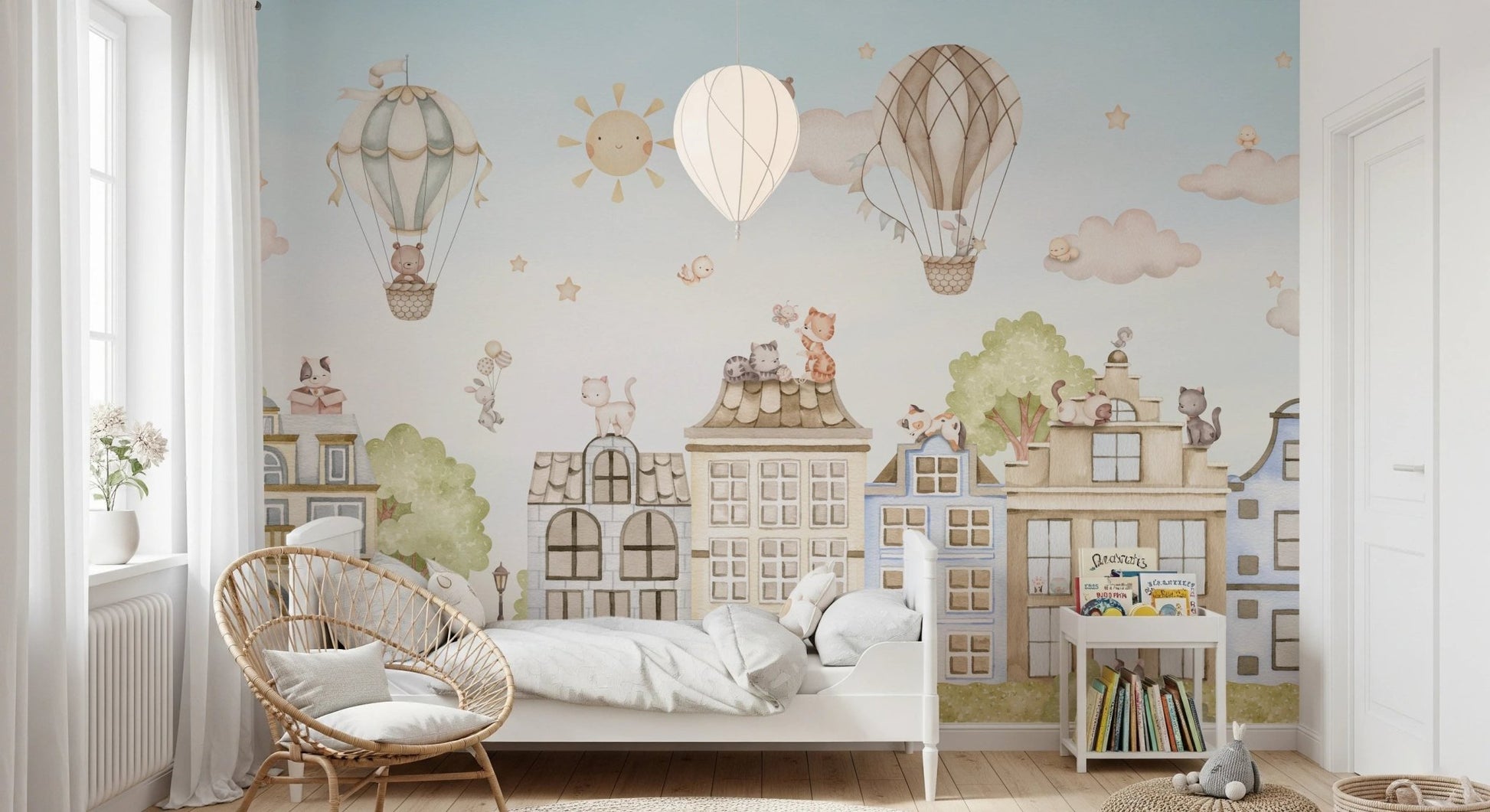 Minimalist bedroom featuring a wall mural with blue sky and cat illustration.