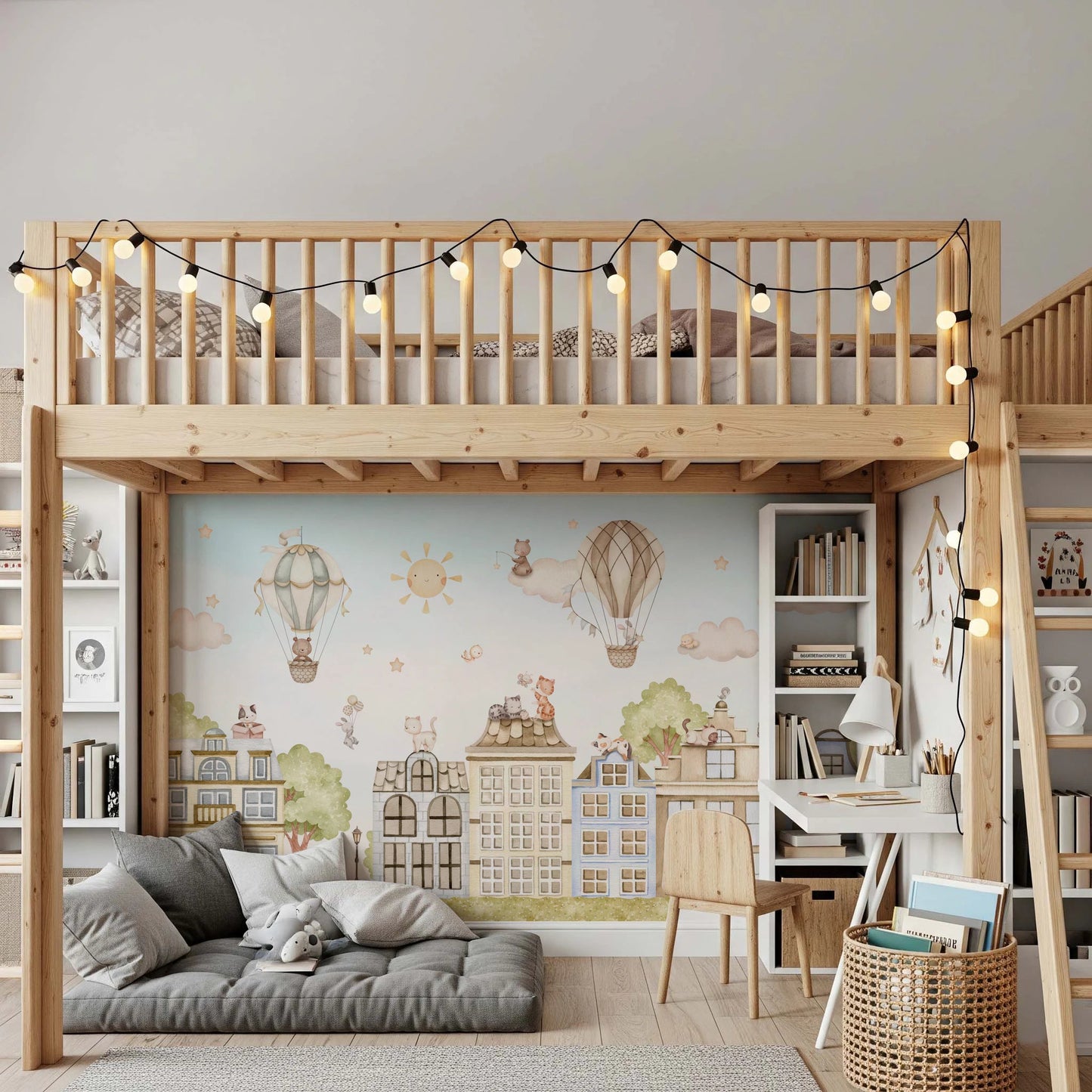 City Cats Wall Mural under a wooden loft bed with a desk area below.